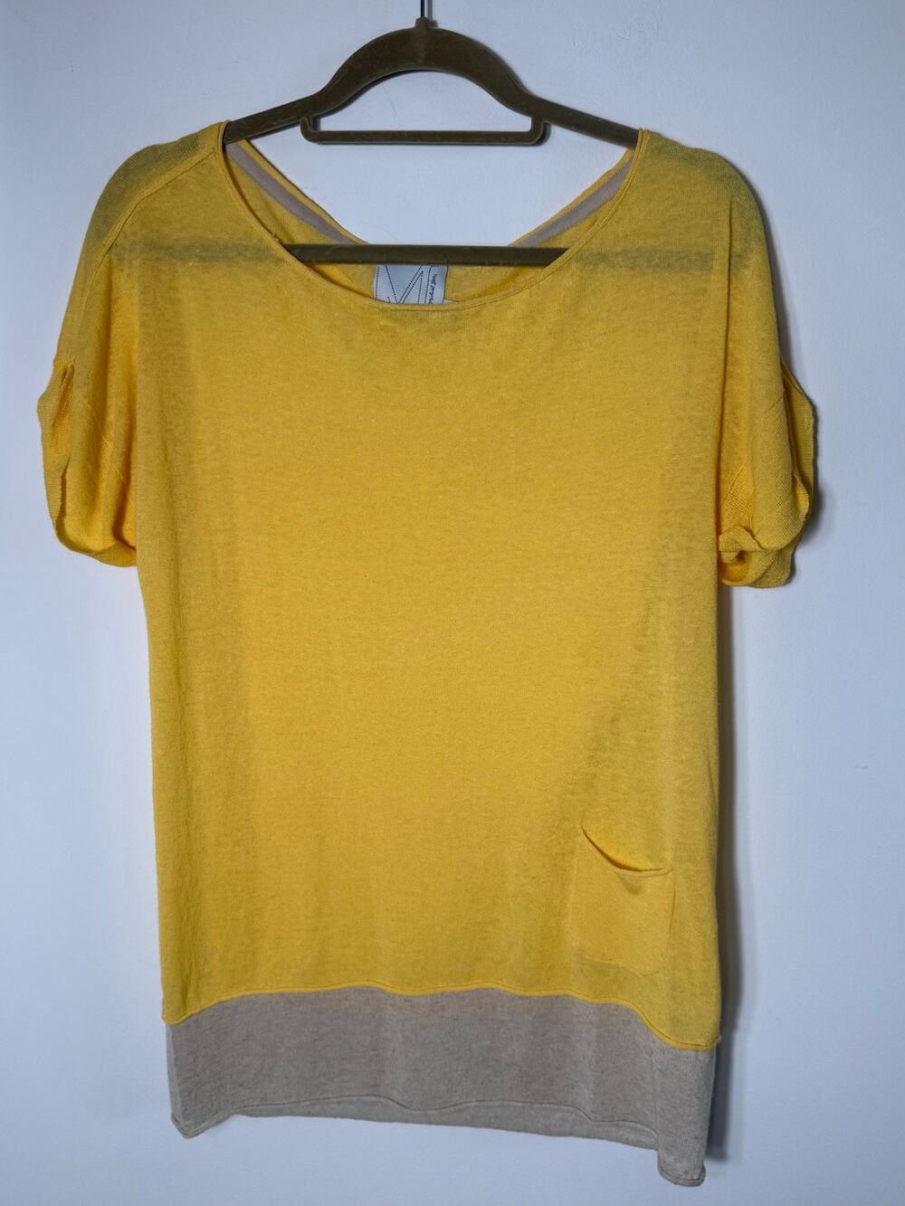 Michael Stars Sz 2 Linen Blend Butter Yellow Pocket Lagenlook Tunic Top EUC